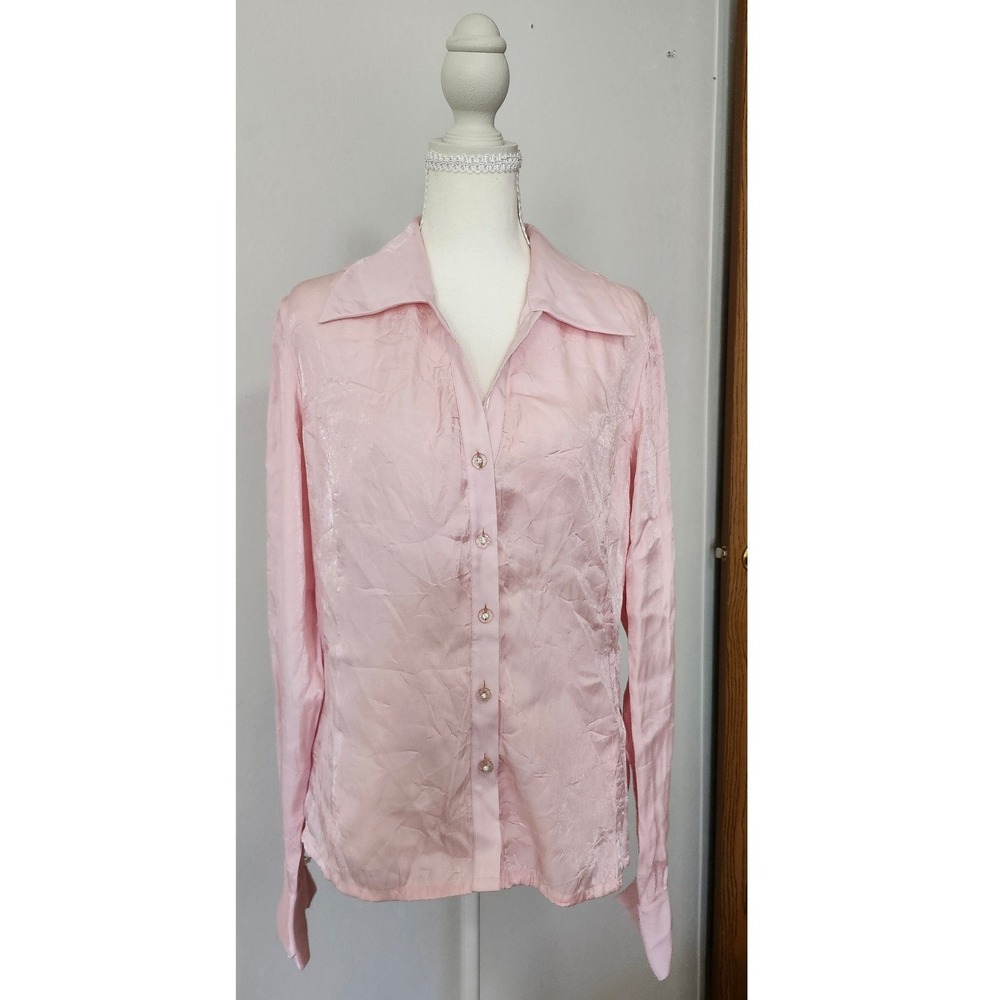 Vintage Ronni Nicole Pink Crinkle Satin Button Down Blouse 90s Y2K Glam Large